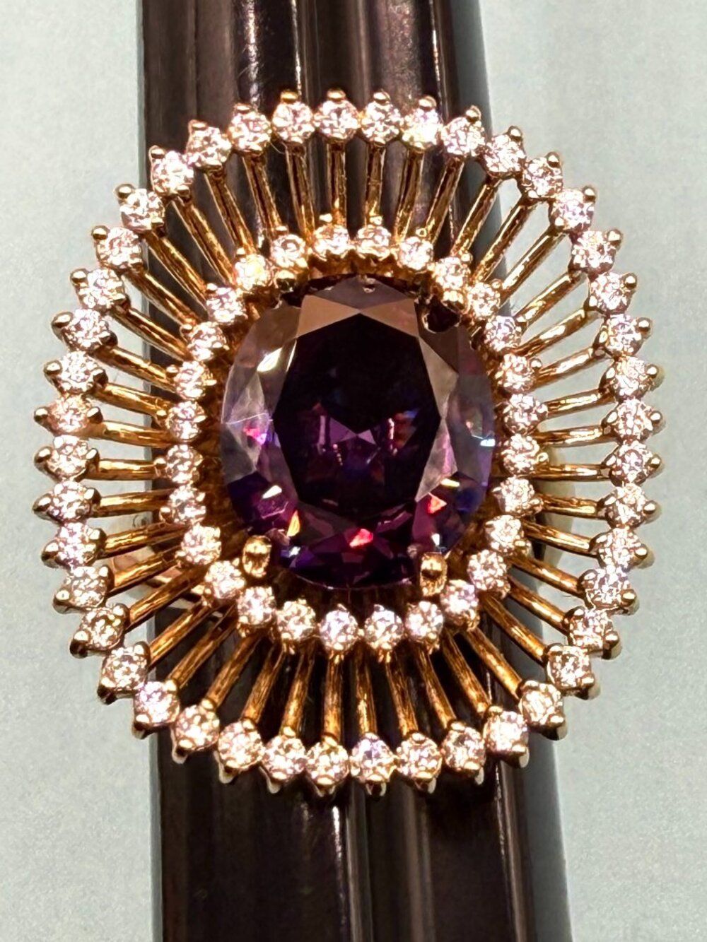 Huge Purple Stone Cocktail Ring With Spray of White Stones Gold Plated Excellent